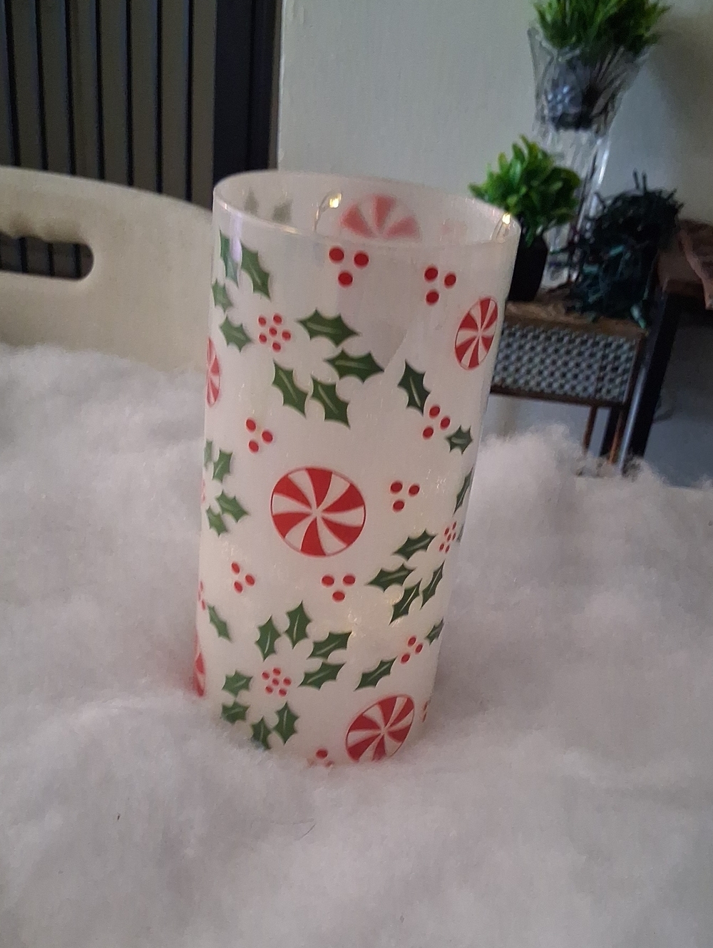 Holiday Peppermint & Holly Glass Candle Holder - White, Red & Green